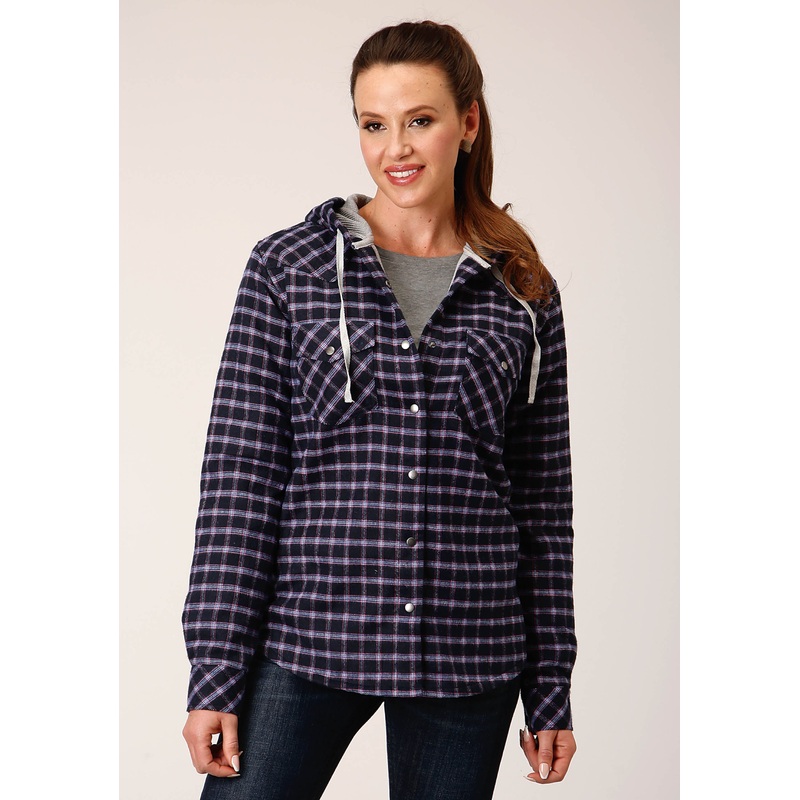 Womens Snap Thermal Lined Flannel Shirt Jacket Navy Pink White Plaid S