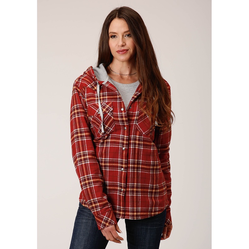 Womens Snap Thermal Lined Flannel Shirt Jacket Rust Wine Gold Plaid S