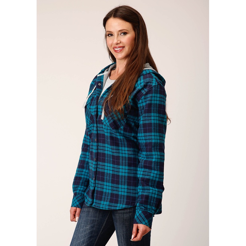 Womens Snap Thermal Lined Flannel Shirt Jacket Turquoise Navy Plaid S