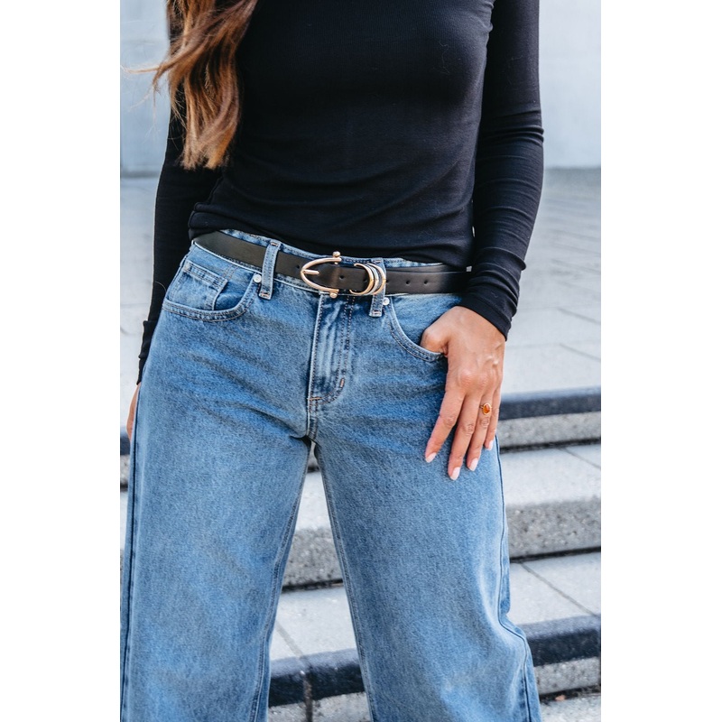 Black Triple Ring Faux Leather Belt