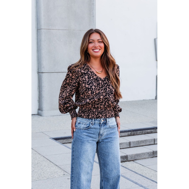 Brown Floral Print Pleated Blouse Small