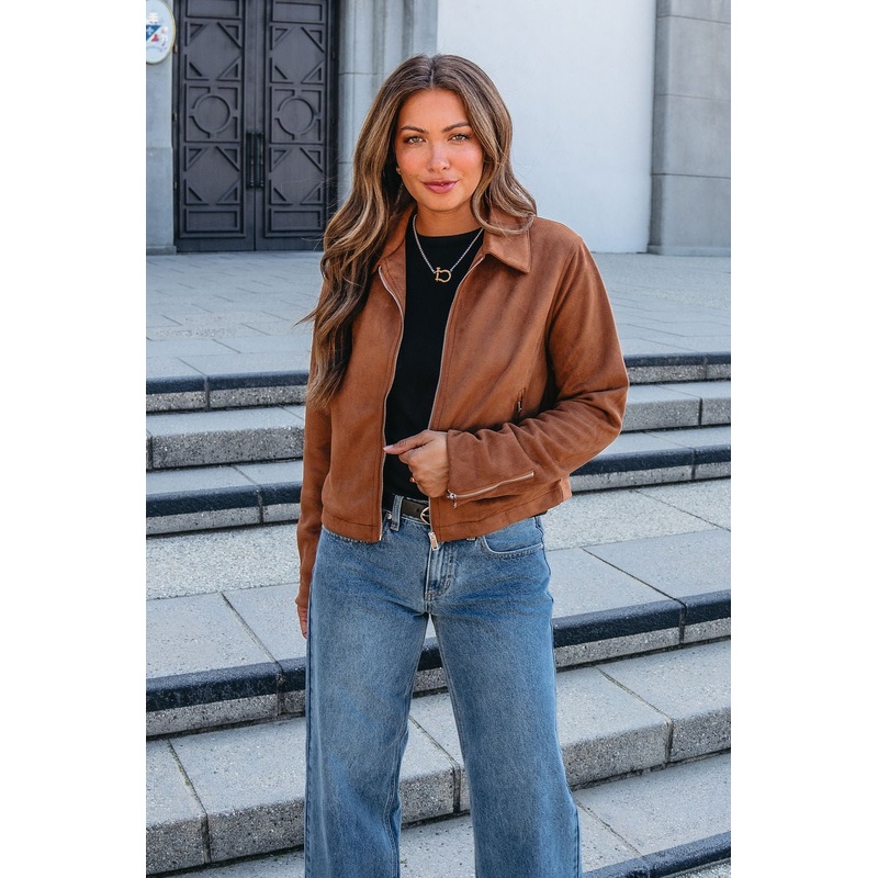 Camel Suede Zip Up Jacket Small