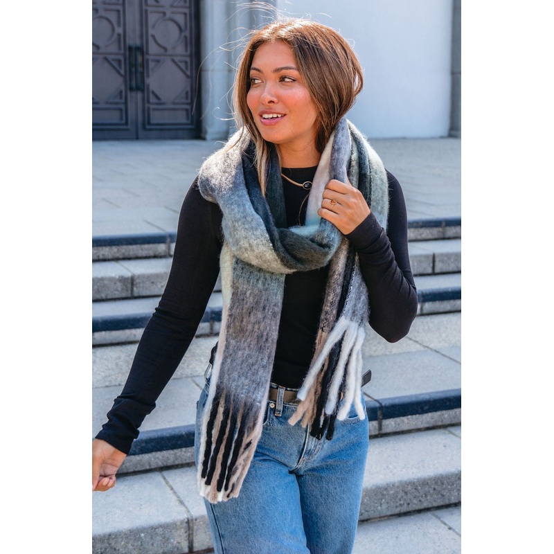 Grey and Mint Gingham Fringe Scarf