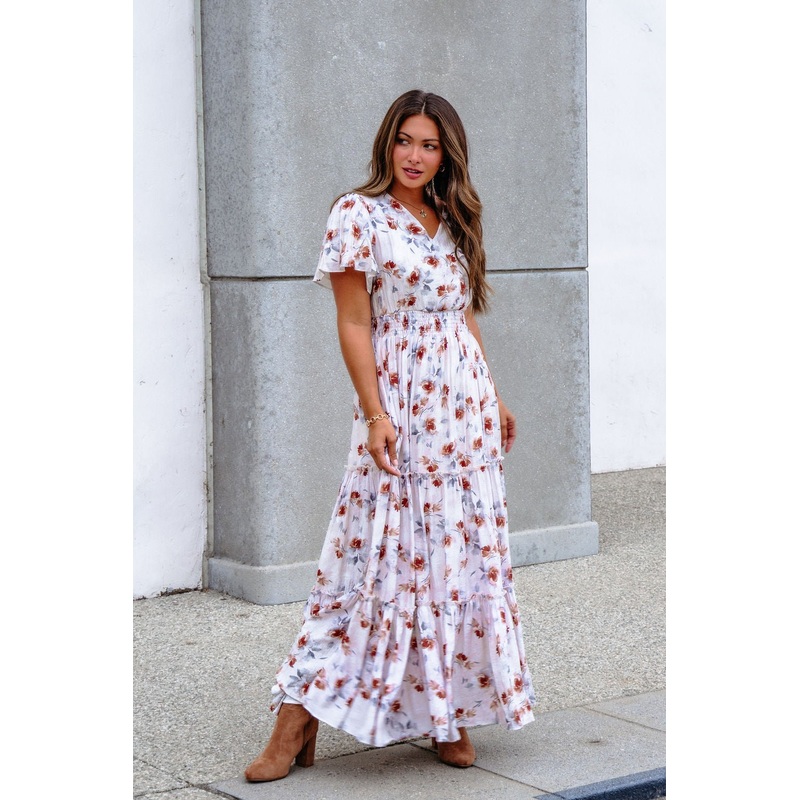 Oatmeal Floral Print Smock Tiered Maxi Dress Extra Small