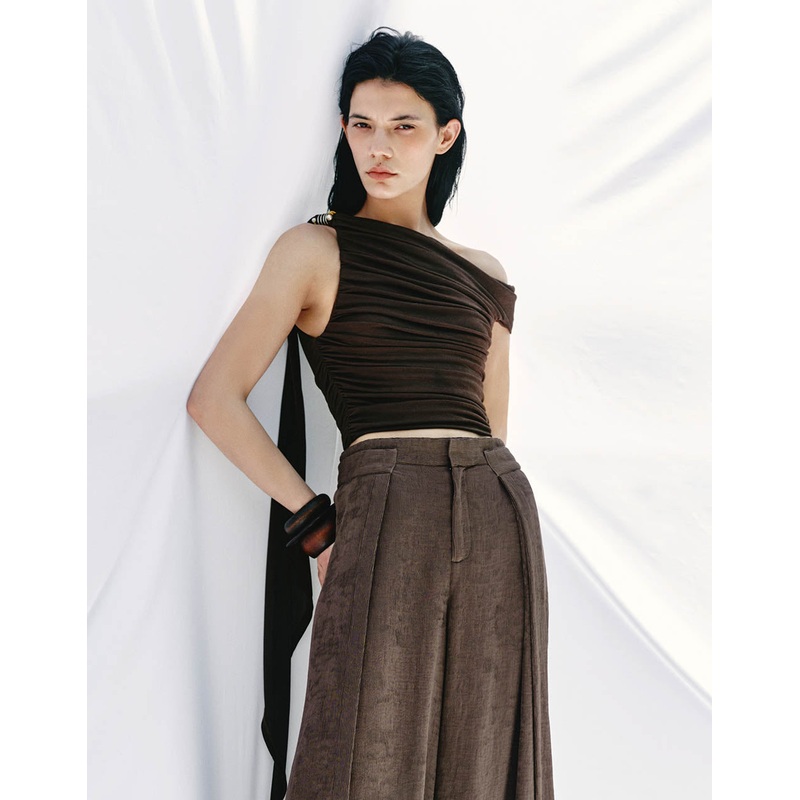 Ruched Sleeveless One Shoulder Skinny T-Shirt Dark Brown XS