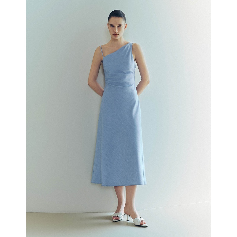 Sleeveless One Shoulder Denim Dress Blue XS