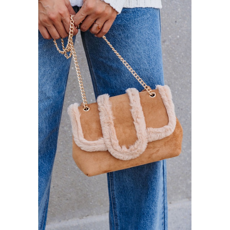 Tan Tori Sherpa Faux Fur Trim Crossbody Bag