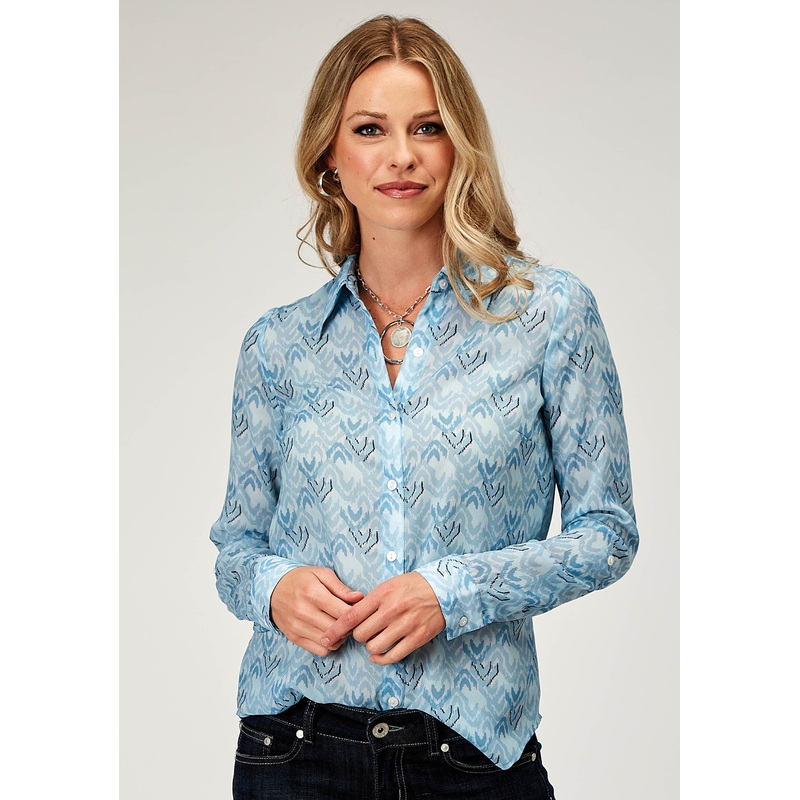 Womens Long Sleeve Button Ikat Cheveron Print Poly Western Shirt With Tab And Button Sleeves For Rolled Cuffs XS