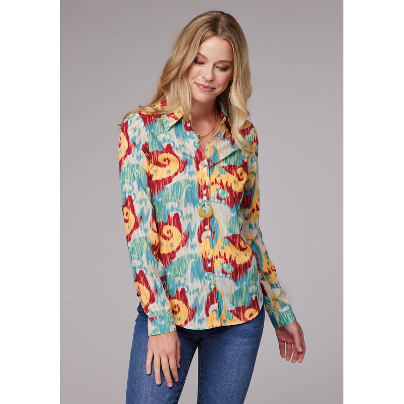 Womens Long Sleeve Button Ikat Paisley Print Poly Crepe Western Shirt With Tab And Button On Sleeves XS