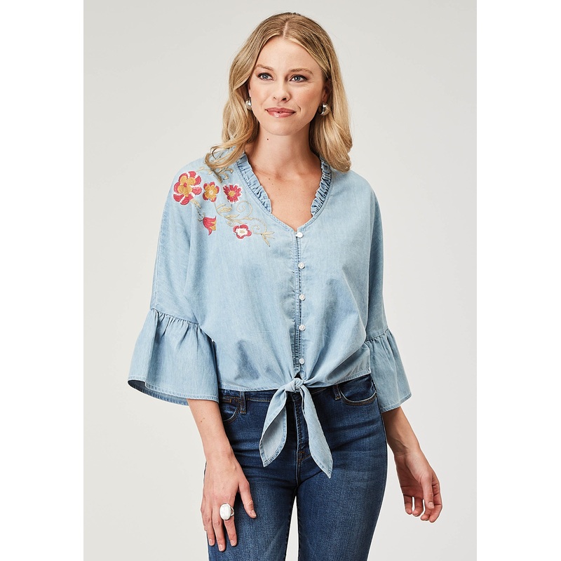 Womens Long Sleeve Button Light Blue Cotton Denim Blousen Western Shirt With V Neck Ruffle Collar Raglan Sleeves Embroidery XS
