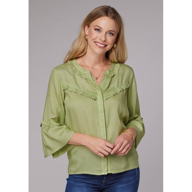 Womens Long Sleeve Button Lime Green Rayon Challis Western Blouse With Ruffle Detail Elbow Length Bell Sleeve XS
