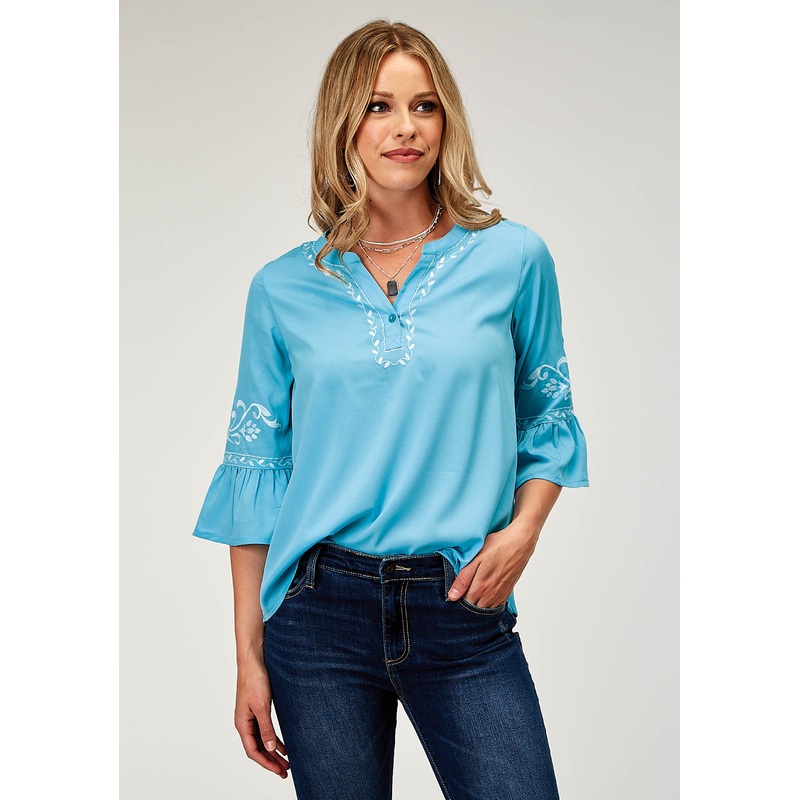 Womens Long Sleeve Pullover Poly Crepe Peasant Western Blouse With Split V Placket Three Quarter Bell Sleeves Embroidery XS