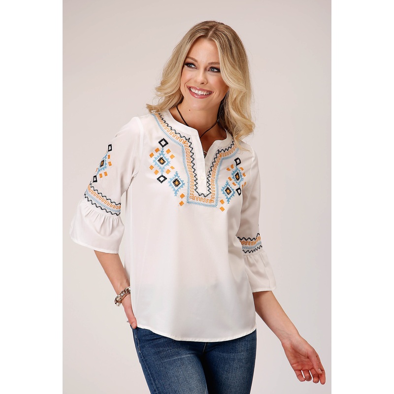 Womens Long Sleeve Pullover Poly Crepe V Neck Peasant Western Blouse With Three Quarter Bell Sleeves Embroidery XS