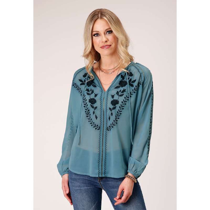 Womens Long Sleeve Pullover Poly Georgette Peasant Western Blouse With Stand Collar With Selfront Tie Embroidery XS