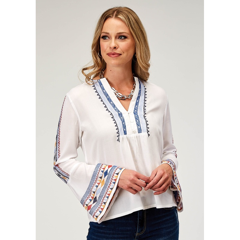 Womens Long Sleeve Pullover Rayon Challis Peasant Western Blouse With V Neck Embroidery XS