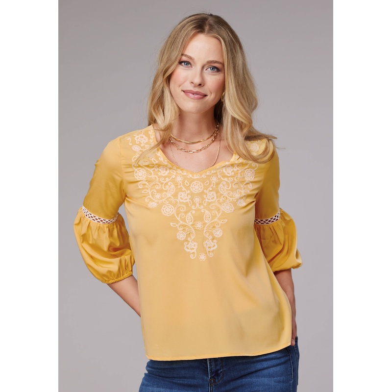 Womens Long Sleeve Pullover Solid Poly Crepe Peasant Western Blouse With Embroidery And Lace Trim Three Quarter Sleeves XS