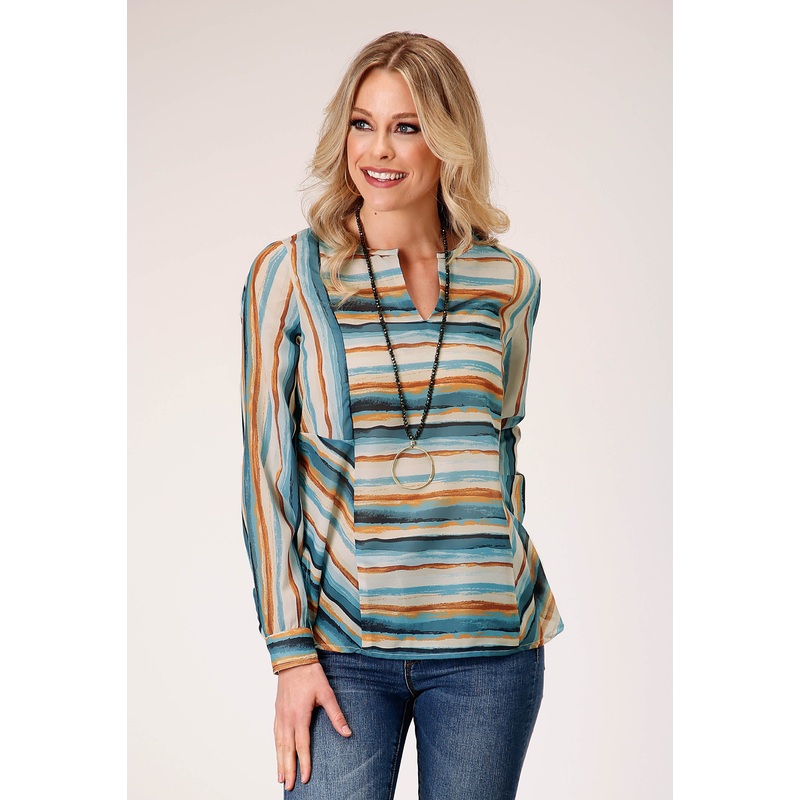 Womens Long Sleeve Pullover Watercolor Stripe Print Tunic Western Shirt XS
