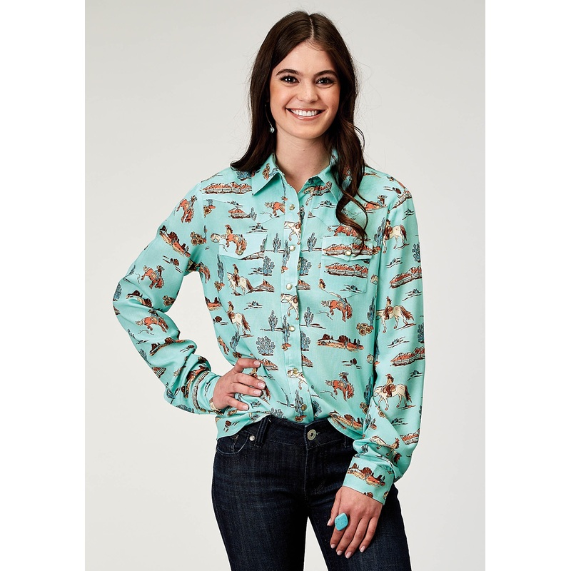 Womens Long Sleeve Snap Desert Toile Print Rayon Western Blouse XS