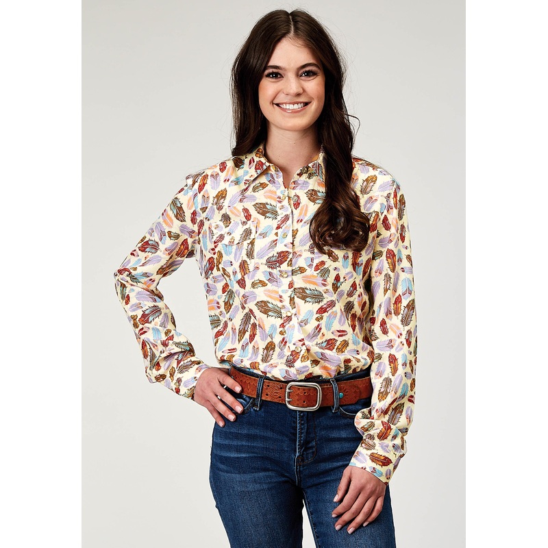 Womens Long Sleeve Snap Feather Toss Printed Rayon Western Blouse XS