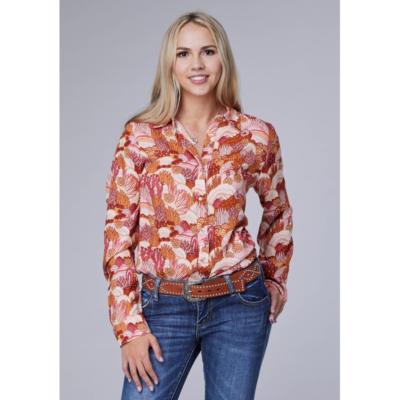 Womens Long Sleeve Snap Groovy Cacti Print Rayon Western Blouse Curved Front And Back Yokes XS