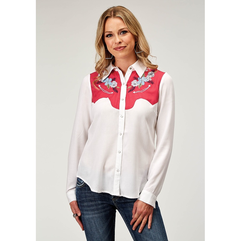 Womens Long Sleeve Snap Rayon Challis Retro Western Shirt With Contrast Yokes Smile Pockets And Embroidery XS