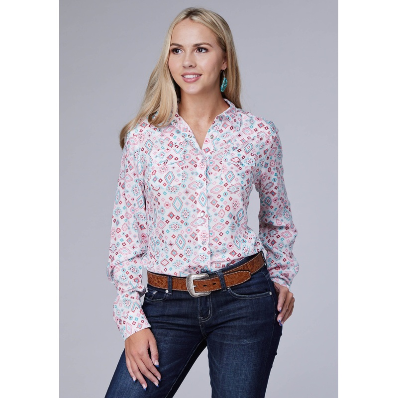 Womens Long Sleeve Snap Scattered Aztec Printed Rayon Western Blouse XS