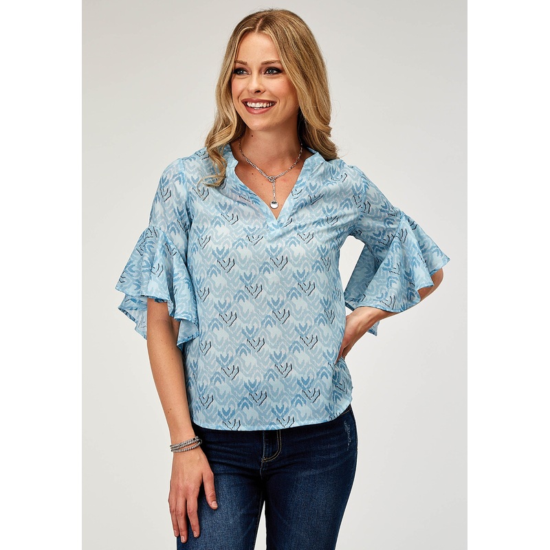 Womens Short Sleeve Pullover Ikat Cheveron Print Poly Blouse With V Neck Placket And Circular Ruffle Cuffs XS