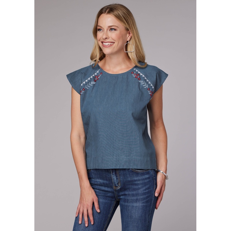 Womens Short Sleeve Pullover Med Blue Denim Short Sleeve Peasant Blouse With Flutter Raglan Sleeves Embroidery XS