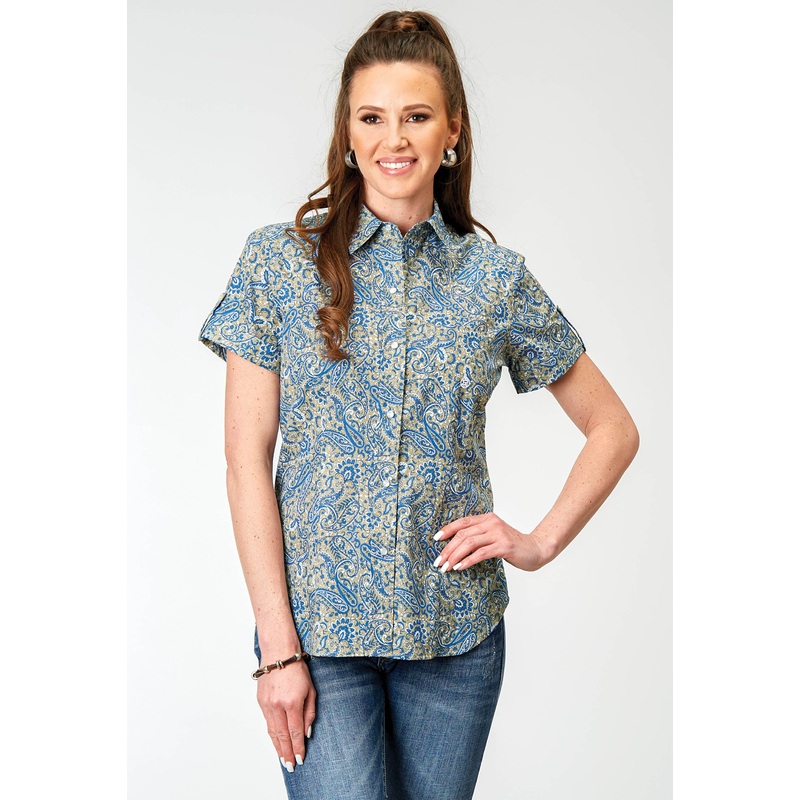 Womens Short Sleeve Snap Delft Paisley Western Shirt XS