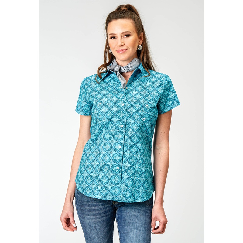 Womens Short Sleeve Snap Lake Medallion Western Shirt XS