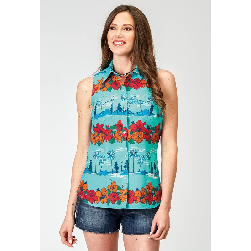 Womens Sleeveless Snap Hawaiian Print Top XS