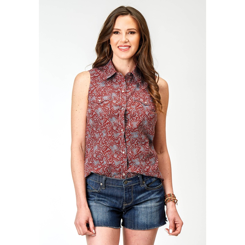 Womens Sleeveless Snap Vintage Paisley Print Top XS