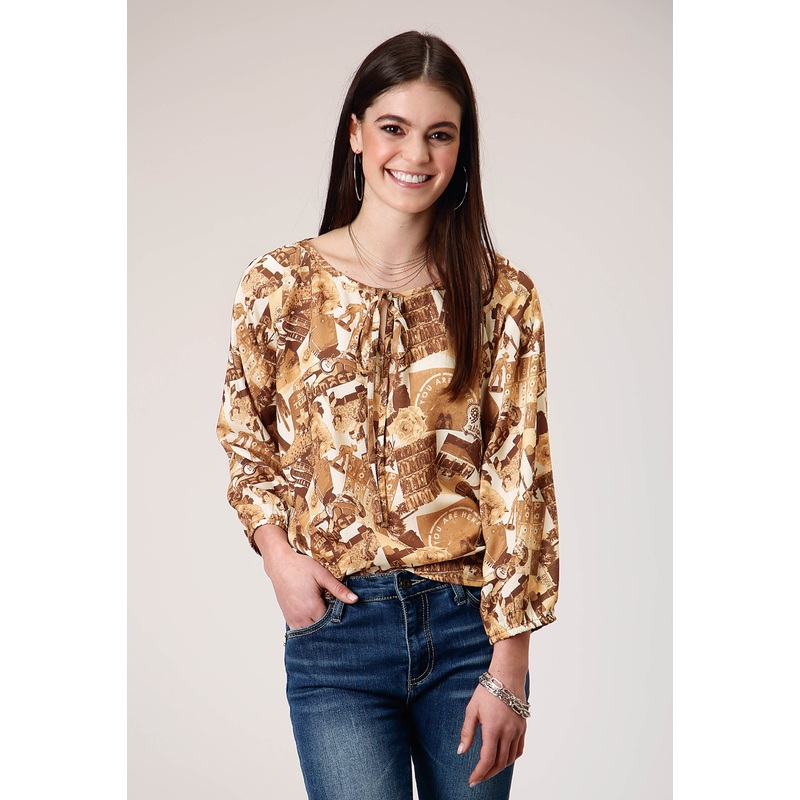 Womens Three Quarter Raglan Sleeve Pullover Collage Print Western Shirt With Elastic Cuffs Notched Sccop Neck XS