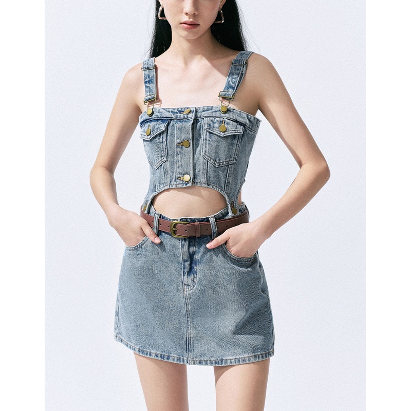 2 In 1 Denim Pinafore Dress Blue XS