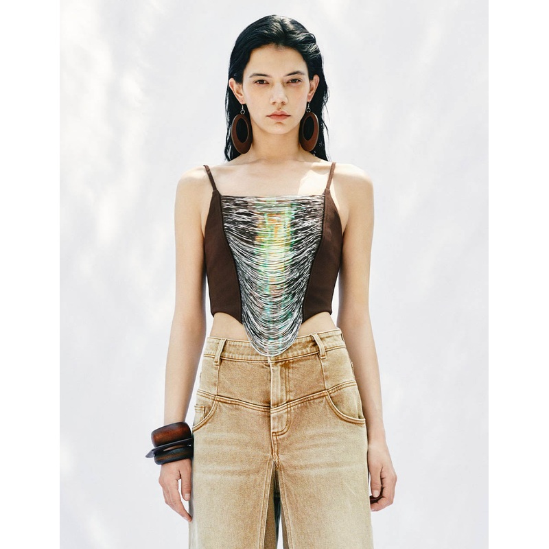 Off-Shoulder Skinny Cami Top Dark Brown XS