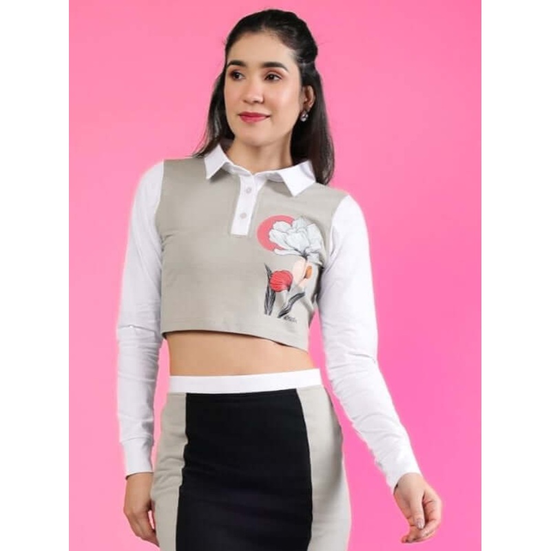 WOMEN’S FLORA REGULAR SLEEVES CROP TOP GREY WHITE XS