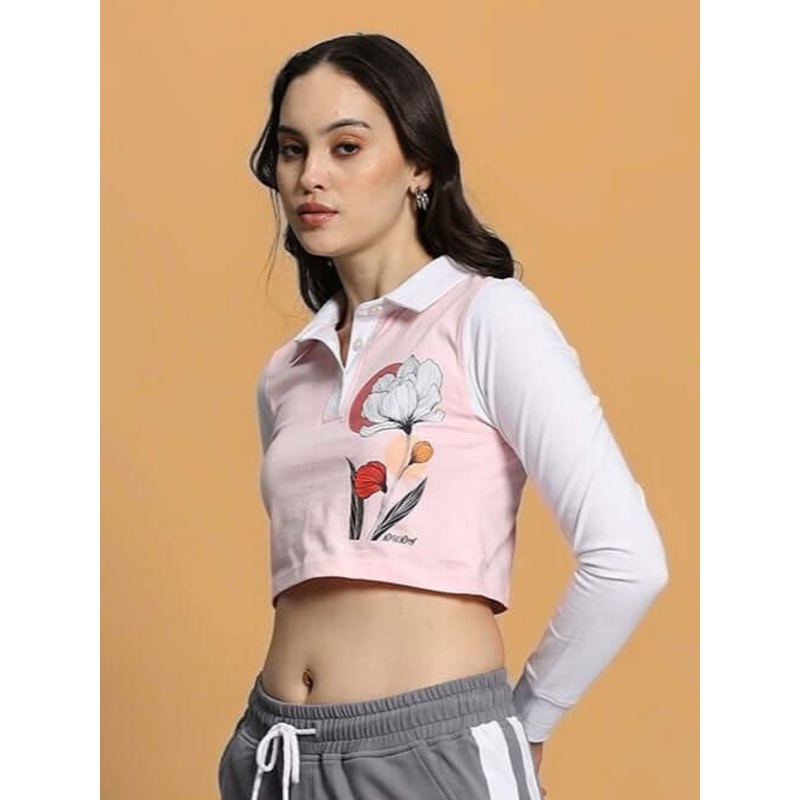 WOMEN’S FLORA REGULAR SLEEVES CROP TOP PINK WHITE XS