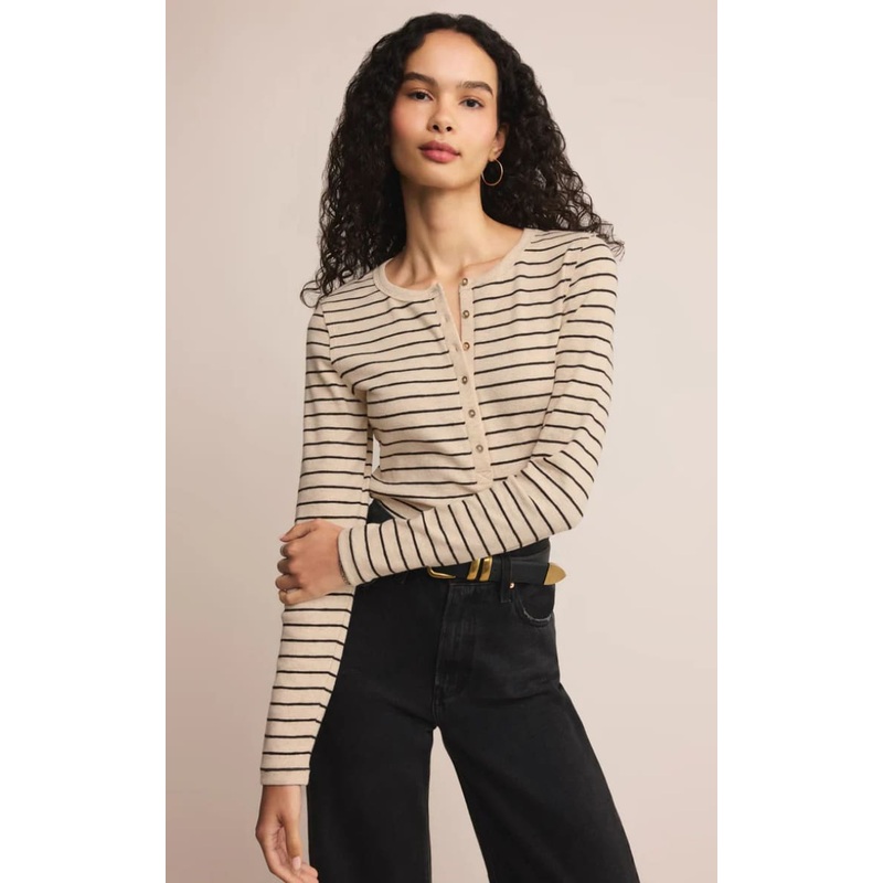 Z SUPPLY- Eve Stripe Henley Long Sleeve in Light Oatmeal XS