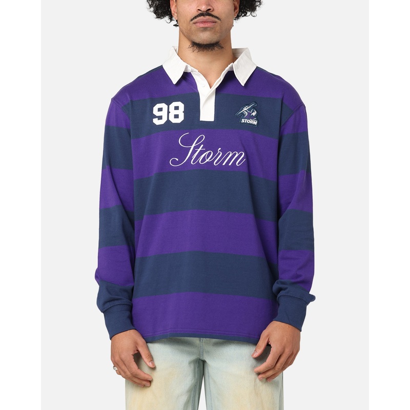 Bleacher Athletic Melbourne Storm NRL Stripe Rugby Polo Shirt Official Team Colour XS