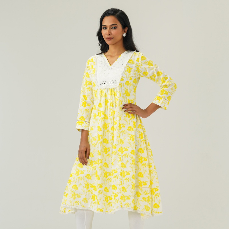 Womens White & Yellow Kurti S WHITE