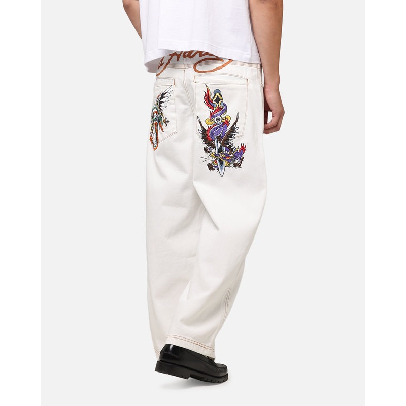 Ed Hardy Dragon Wide Leg Denim Jeans Off White 28