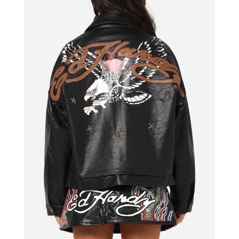 Ed Hardy Women’s Vegan Leather Bomber Jacket Black XS