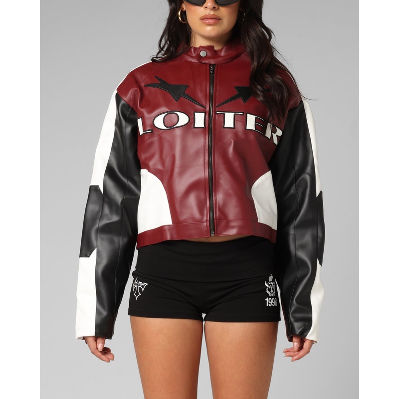 Loiter Women’s Engine Cropped Vegan Leather Jacket Red XS