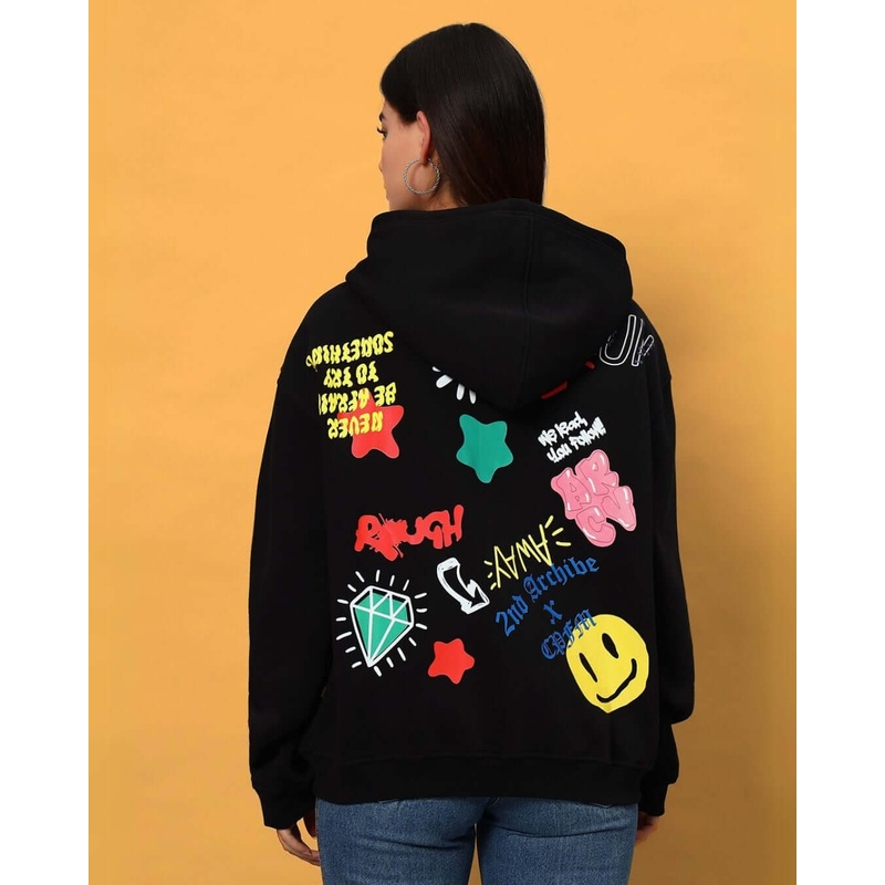 WOMEN NEVER BE AFRAID FLEECE HOODIE BLACK XS