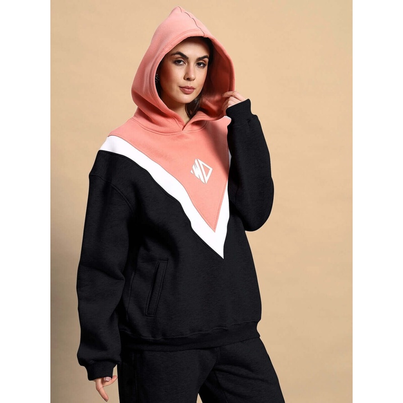 WOMEN POLAR COLORBLOCK HOODIE BLACK PEACH XS