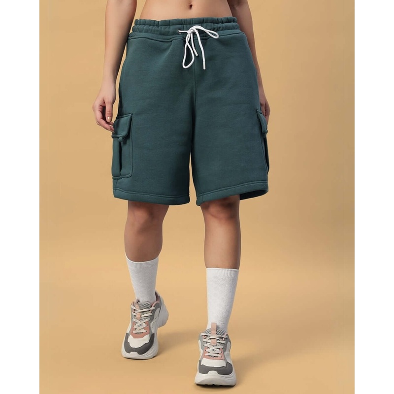 WOMEN’S HUSKY FLEECE SOLID CARGO SHORTS TEAL GREEN XS