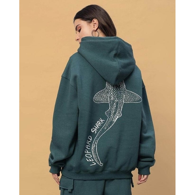 WOMENS LEOPARD SHARK FLEECE HOODIE TEAL GREEN XS