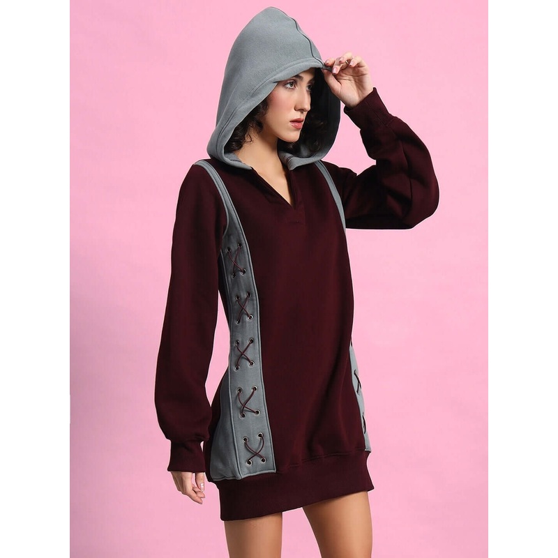 WOMEN CRISS CROSS FLEECE HOODIE WINE GREY S