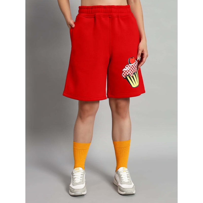 WOMEN CUPCAKE FLEECE SHORTS RED XS