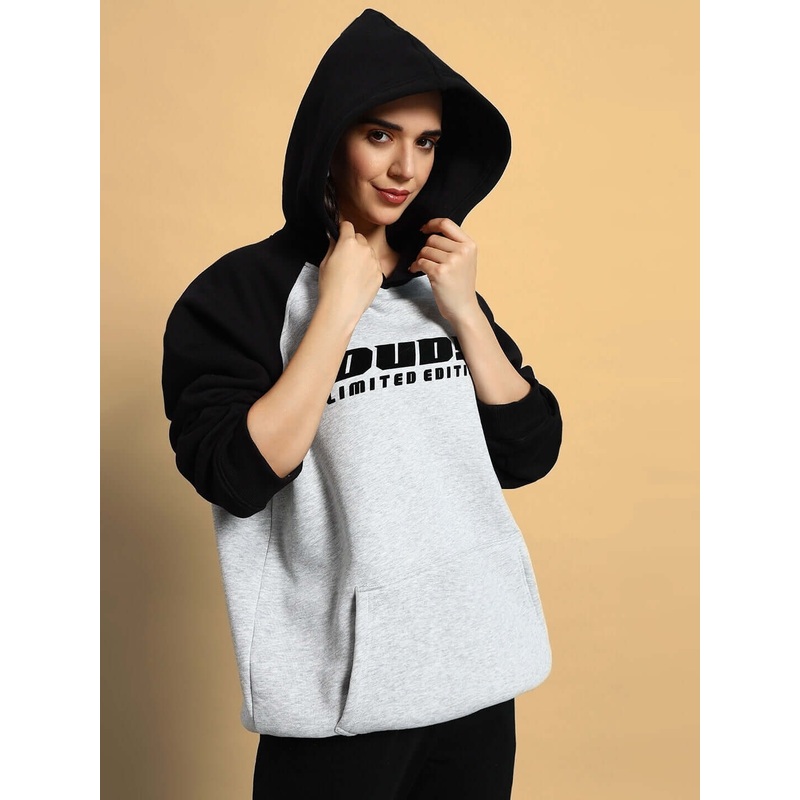 WOMEN DELUXE FLECCE OVERSIZE HOODIE BLACK MELANGE GREY XS